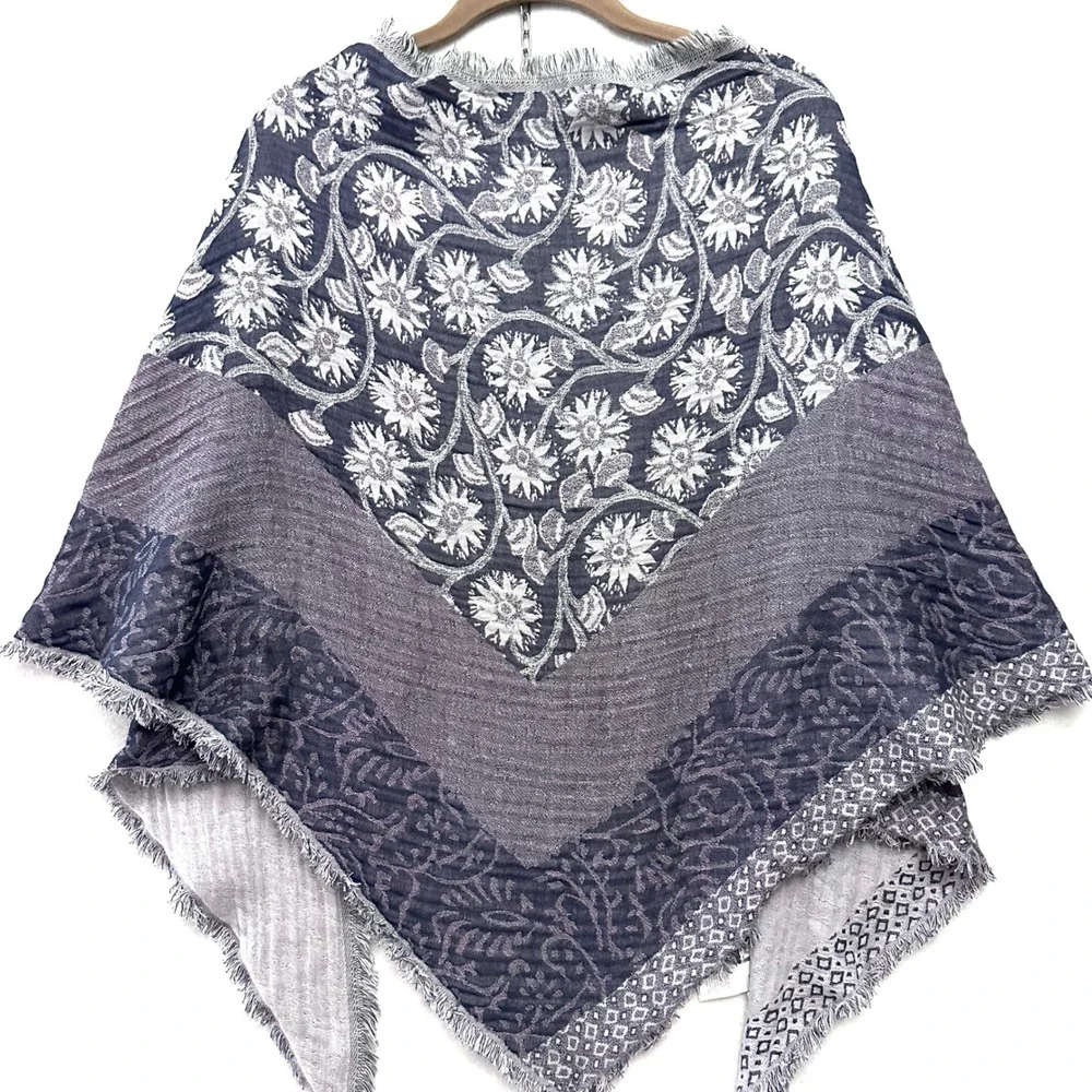 Pure J. Jill Floral Gauze Cotton Jacquard Fringe Shawl Triangle Scarf Textured